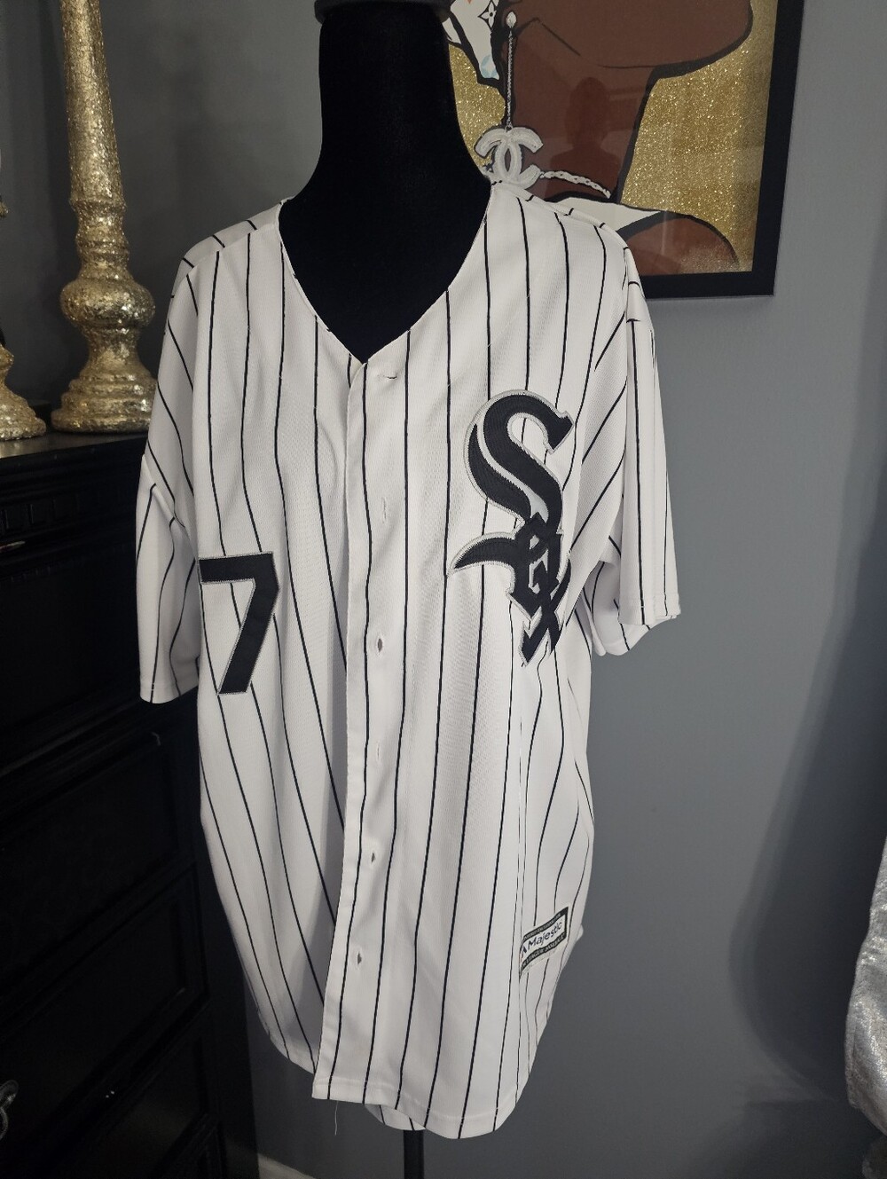 Majestic White Sox White & Black Pinstripe Baseball Jersey